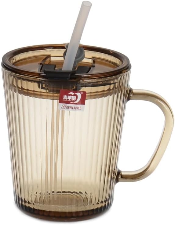 2 Adet Kapaklı Pipetli Cam Kupa Bardak Çay Kahve Meşrubat Tatlı Bardağı Kahverengi 370 ml - Görsel 3