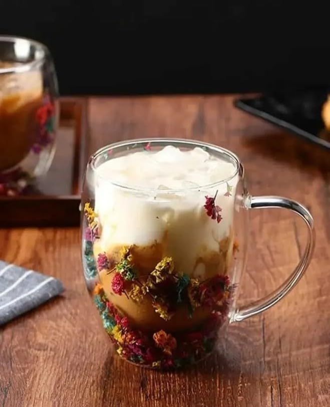 Çift Cidarlı Borosilikat Cam, Renkli Kuru Çiçek Tasarımlı, 350 ML Kapasiteli, Kulplu, Şeffaf Kahve Kupası - Görsel 2