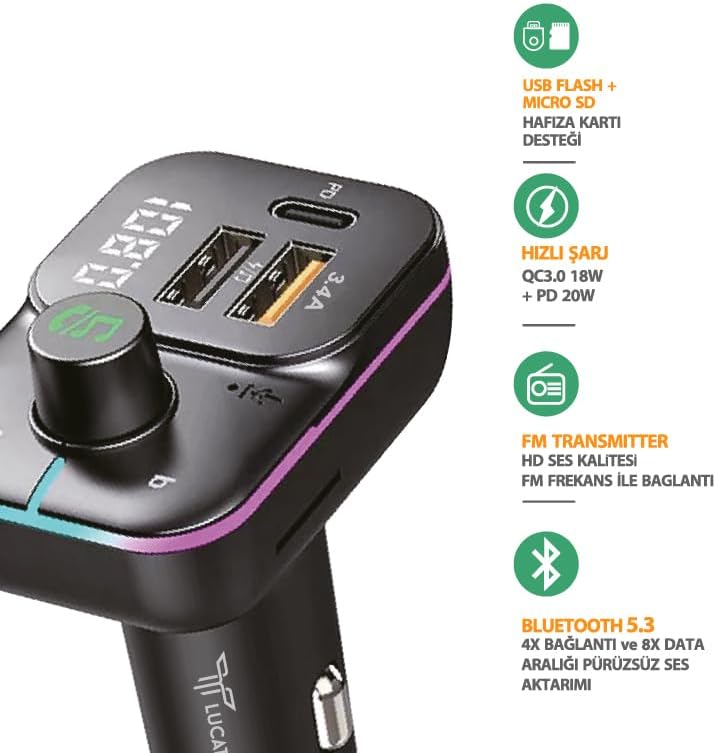 USB Flash + Hafıza Kart Uyumlu FM Transmitter - Araç Şarjı ve Bluetooth Kiti - Görsel 3
