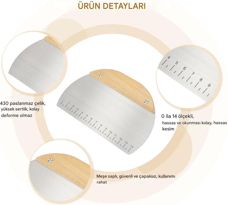 Paslanmaz Çelik Hamur Kesici ve Kazıyıcı – Ölçekli, Meşe Saplı, Ergonomik Tasarım, Mutfak Ekmek ve Pizza Hamuru Bölücü, 15.5 x 11 cm - Görsel 3