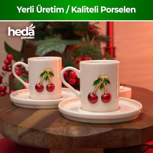Heda Porselen Kiraz İşlemeli 4 Parça 2 Kişilik Porselen Kahve Fincan Takımı – Şık Desenli Türk Kahvesi Seti - Görsel 3