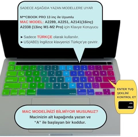 Alternative view of MacBook Pro Türkçe Q Çeviri Klavye Koruyucu US ANSI Amerikan Düz Enter A2338 M1 M2 A2251 A2289 A2141 Uyumlu Silikon Keyboard Cover Touch Bar Pembe Yeşil