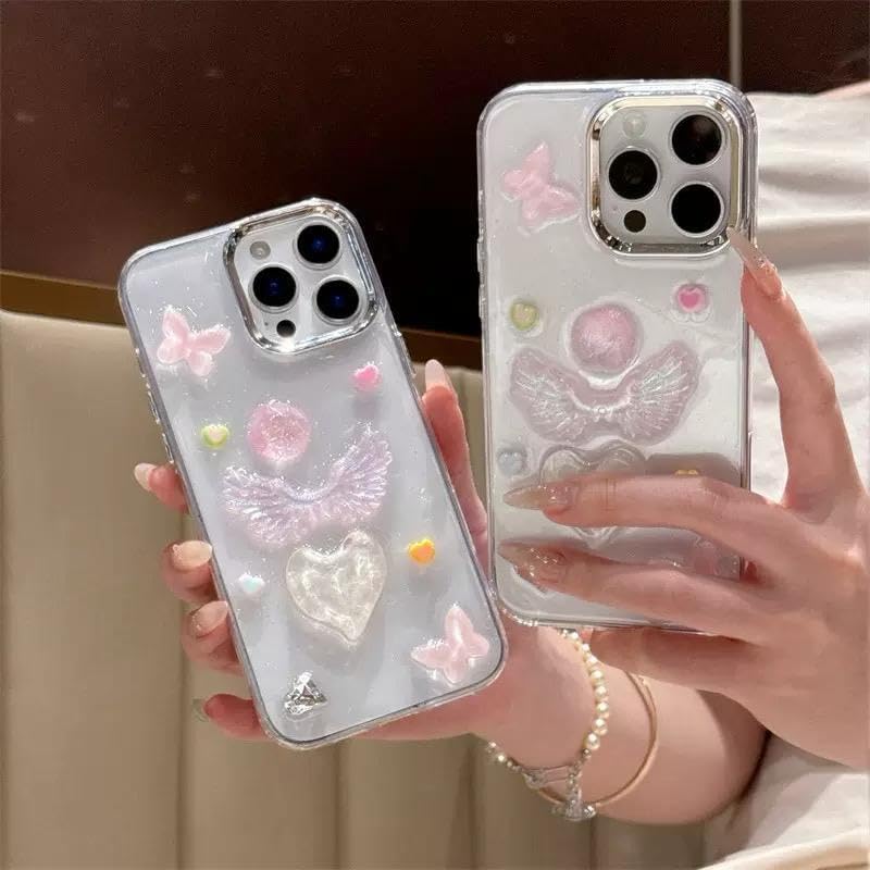 3D Melek Kanatlı Kalpli Şeffaf Simli iPhone 14 Pro Uyumlu Kılıf – Kamera Korumalı, Darbe Emici Silikon