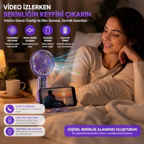 Taşınabilir Mini El Vantilatörü, USB-C Şarjlı, Şeffaf Tasarım, 5 Kademeli Sessiz Soğutma, Hafif ve Kompakt Masaüstü Serinletici