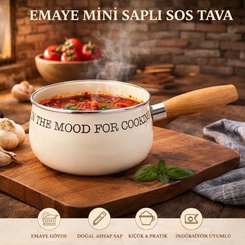 Emaye Mini Saplı Sos Tavası – “IN THE MOOD FOR ING” Yazılı, Krem Renk, Doğal Ahşap Saplı, İndüksiyon Uyumlu Küçük Süt ve Sos Tenceresi - Görsel 2