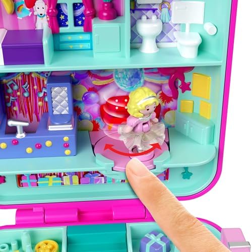 Polly Pocket Mattel 80. Yıl Dönümüne Özel Nostaljik Kompakt Oyun Seti, biri etek giyen 3 bebek, 1 evcil hayvan ve kutlama temalı mobilyalarla kompakt ev, JGK22 - Görsel 2