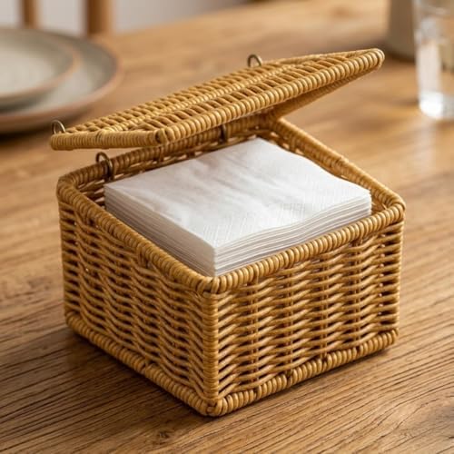 Alternative view of Kapaklı Hasır Peçetelik Kutu 13x13x9 cm Doğal Rattan Peçete Saklama Kutusu