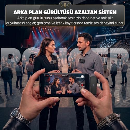 Alternative view of [2'li Kablosuz Yaka Mikrofonu] iPhone/Android Telefonlar/Type-C Girişli PC'ler için Type-C/Lightning Giriş 8-10 Saat Pil Ömrü 20 Metreye Kadar Menzilli Tak Çalıştır Kablosuz Mikrofon (Siyah)