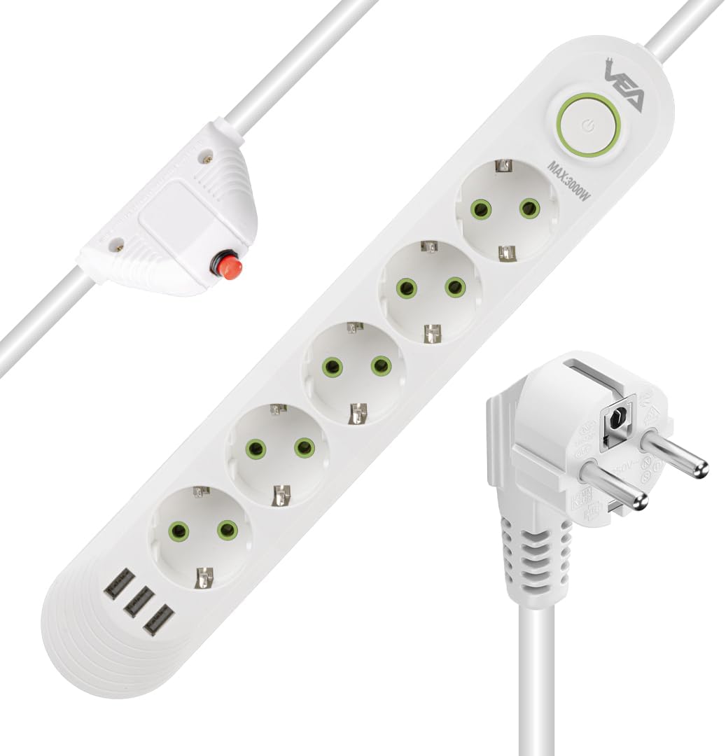 Alternative view of Akım Korumalı, 5'li Çoklu, 3 Usb, 1.5 Mt Kablo, Anahtarlı Grup Priz, Usbli, Isıya Dayanıklı, 3000 Watt Gücünde