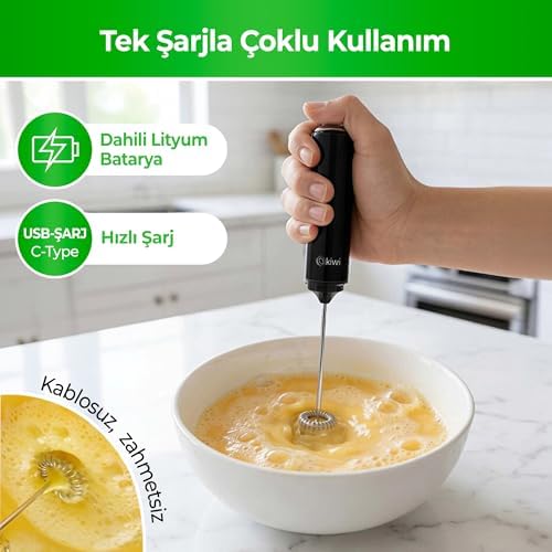 -1224 Şarjlı Kablosuz Mini Mikser – Tek Bardaklık Ayran, Kahve ve Yumurta Çırpıcı, Kapaklı Type-C Güçlü Süt Köpürtücü - Görsel 3