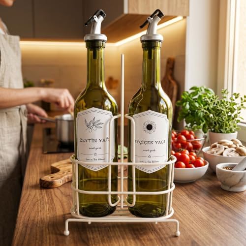 750 ml 2’li Yağdanlık Seti ve Beyaz Metal Stand, Zeytinyağı Ayçiçek Yağı Şişesi, Sızdırmaz Kapaklı Cam Yağlık Sirkelik, Dökme Başlıklı Mutfak Yağlık Sosluk Takımı