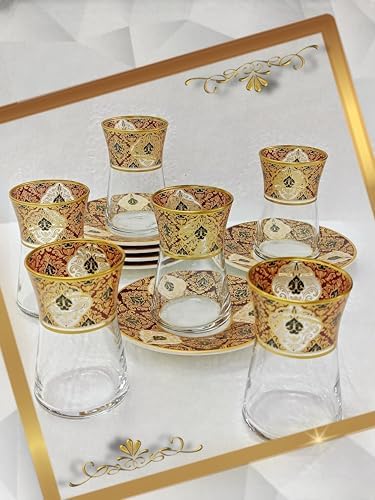 Alternative view of Heybeli Altın Bordo Desenli Cam Porselen Çay Seti 6 Kişilik Tea Set For 6 Persons Premium Porcelain