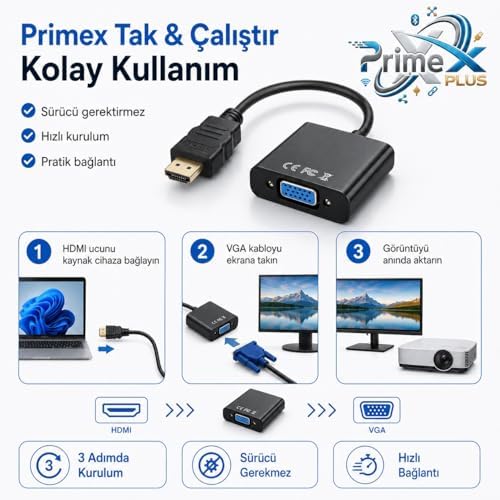 PX-1240S HDMI to VGA Çevirici Adaptör, 30 cm Dijital Görüntü Dönüştürücü, HDMI Erkek VGA Dişi, Full HD Destekli Siyah Kablo Aparatı, PC Laptop Projeksiyon Monitör Uyumlu - Görsel 2