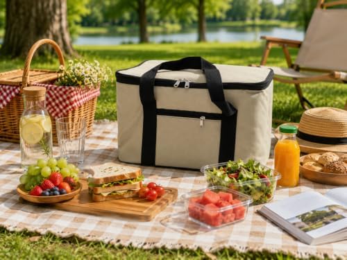 Krem Rengi 22 Litre Termal Piknik ve Taşıma Çantası – Su Geçirmez Kumaş, Kalın Yalıtımlı İç Kaplama, 2 Bölmeli Soğuk-Sıcak Tutucu Çanta (39x27x23 cm) - Görsel 2