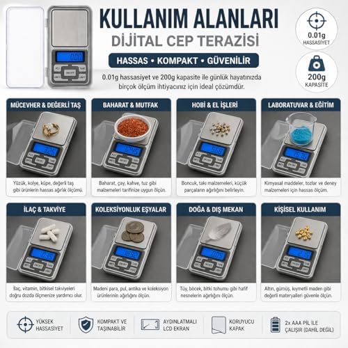 Alternative view of Dijital Hassas Cep Terazisi 0.01g Hassasiyet 200g Kapasiteli Mini Kuyumcu Terazisi Gram Altın Tartı Baharat Tartı Laboratuvar Terazisi LCD Ekranlı Taşınabilir Hassas Tartı PCS Tare Fonksiyonlu Prof