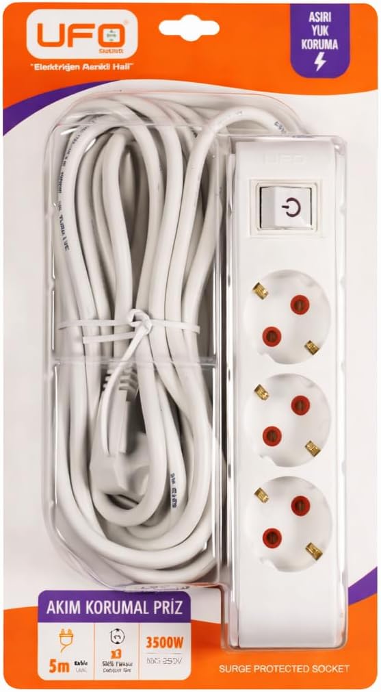 Alternative view of 3lü Akım Korumalı Priz 5 metre Kablolu Grup Priz, Max 3500W Aşırı Yük Koruması 3lü Uzatma Kablosu Çoklu Priz Beyaz Renk