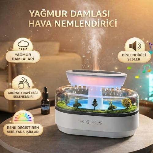 Yağmur Damlası Efektli Hava Nemlendirici ve Aroma Difüzör, Doğa Ses Modları, LED Ambiyans Işıklı, Sessiz Çalışma, Buharlı Nemlendirici Buhar Makinesi, Dekoratif Tasarım (Yapay Teraryum Tasarımı) - Görsel 3