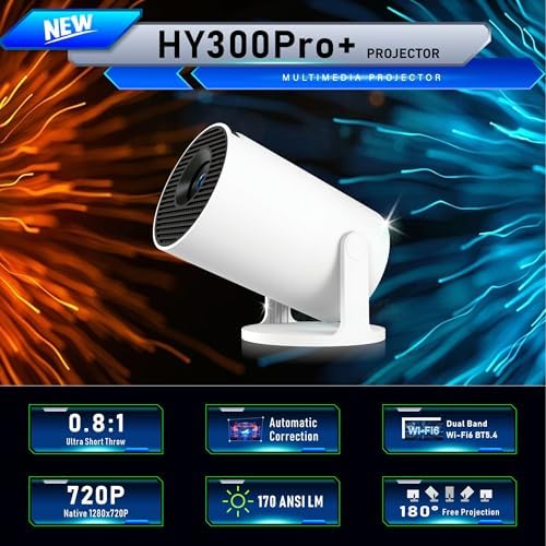 HY300Pro+ Android 14 Projektör, 720P Çözünürlük, 170 ANSI Lümen, Wi-Fi 6, Bluetooth 5.4, 4K Destekli, Otomatik Düzeltme, 30-130 inç Görüntü, Beyaz