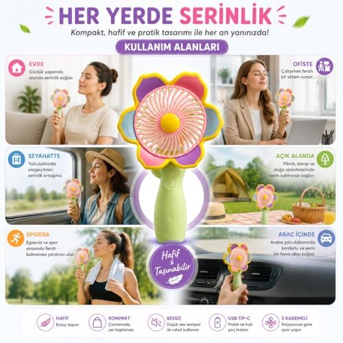 Mini El Fanı USB Şarjlı Type-C Bağlantılı 3 Kademeli Taşınabilir Elektrikli Fan Masaüstü ve El Tipi Kullanım Renk Serinletici Fan Yeşil Pembe Sarı Çiçek - Görsel 3