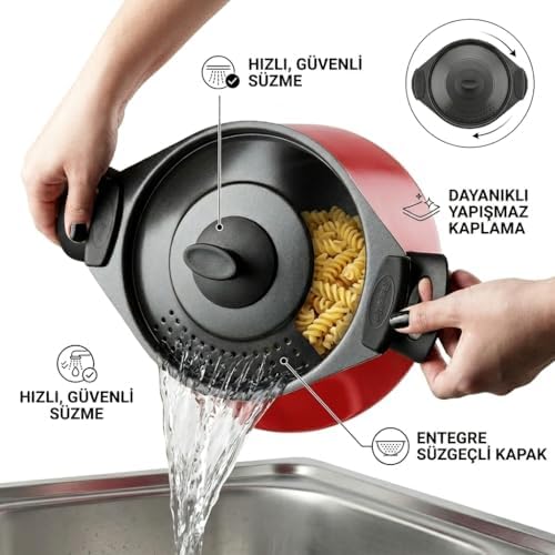 Redio Akıllı Makarna ve Mantı Tenceresi - Kendinden Süzgeçli Kapaklı, Yanmaz Yapışmaz Kırmızı Derin Tencere, 20 cm, 4 Litre Kapasiteli - Görsel 3