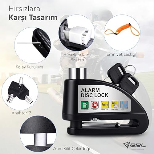 PC1505 Alarm Disk Kilidi Seti, Fren Kilidi, Hırsızlığa Karşı Su Geçirmez 110 dB 7 mm Pin 1,5 m Hatırlatma Kablosu Motosikletler için Scooter Taşıma Çantası - Görsel 3