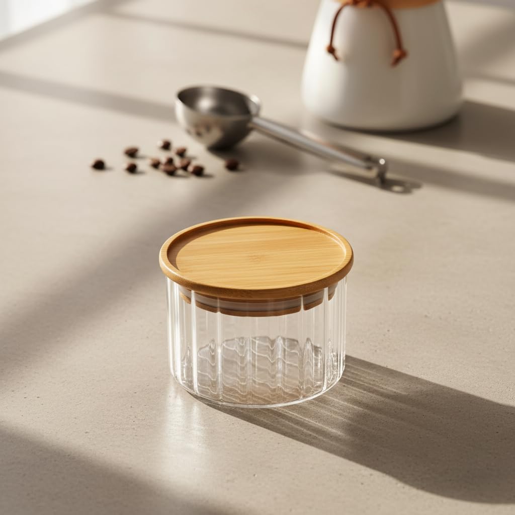 Linie Slim Bambu Kapaklı Borosilikat Cam Saklama Kabı - Çizgili Vakumlu Baharatlık, Çay ve Kahve Kavanozu - 200ml ve 300ml Seçenekleri (200ml) - Görsel 3