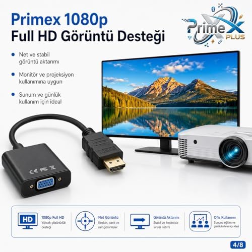 PX-1240S HDMI to VGA Çevirici Adaptör, 30 cm Dijital Görüntü Dönüştürücü, HDMI Erkek VGA Dişi, Full HD Destekli Siyah Kablo Aparatı, PC Laptop Projeksiyon Monitör Uyumlu - Görsel 3