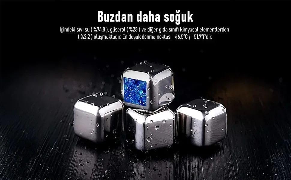 4'lü Çelik Buz Küpü ve Maşa Seti – 304 Paslanmaz Çelik, Tekrar Kullanılabilir, İçeceği Sulandırmaz, Hızlı Soğutma, Saklama Kutulu Premium - Görsel 3