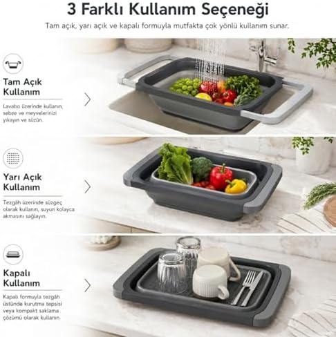 Alternative view of Ayarlanabilir Katlanır Lavabo Süzgeci, 6,3 Litre, Plastik ve Silikon, Aç Kapa Mutfak İçin Tezgah Üstü Pratik Sürgülü Süzgeç, Gıda İle Temasa Uygun, BPA İçermez