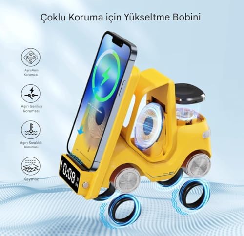 Alternative view of T20 15W 5’i 1 Arada Magsafe Kablosuz Şarj İstasyonu, Dijital Saatli Forklift Tasarım, iPhone 16/15/14/13/12, Apple Watch, AirPods Uyumlu Masaüstü Hızlı Şarj Standı (Sarı)