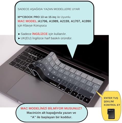 UK İngilizce Klavye Koruyucu MacBook Pro 13 15 Touch Bar Uyumlu A1706 A1989 A2159 A1707 A1990 | UK ISO Ters L Enter | Avrupa İngilizce Baskılı Silikon Keyboard Cover Silikon Siyah Gri