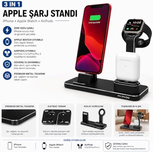 Alternative view of 3'ü 1 Arada iPhone & Apple Watch & AirPods Şarj Standı Uyumlu– Metal Çoklu Şarj İstasyonu, 20 W Adaptörlü Hızlı Şarj, 2 m Lightning/USB‑C Kablo, Masaüstü Telefon Standı Siyah