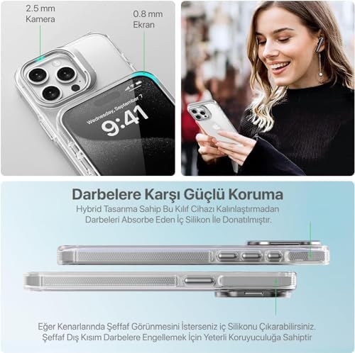 iphone 15 Pro Max için Hybrid Performance Serisi Ultra Şeffaf Sert Polikarbonat Arka Kısım Orta Sertlikte Silikon Kenarlar ve Stand Olabilen Lens Çerçeveli Kılıf (Natural Titanyum, 15 Pro Max) - Görsel 3