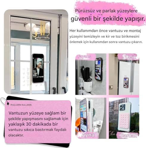 Alternative view of Vakumlu Silikon Telefon Tutucu, Telefon Vantuz, Telefon Ayna Tutucu, Duş, Tiktik video çekim tutucu (Toz Pembe, Çift Taraflı Vakum)