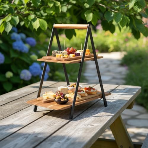 2 Katlı Akasya Ahşap Sunum Standı - Silikon Kaplamalı Siyah Metal Gövdeli Meyvelik Kurabiyelik Kahve Köşesi ve Mutfak Banyo Düzenleyici Organizer (16 x 26.5 x 34 cm) - Görsel 3