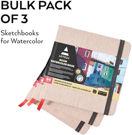 ARTEZA Suluboya Eskiz Defteri, 3'lü Paket, Her Biri 88 Sayfa, 13,5 x 12,5 cm, Bej Suluboya Kitabı, Ciltli Kapak 110lbs/230 gsm Suluboya Defter