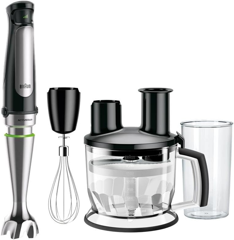 Braun MultiQuick 7 MQ 7075X el blenderi, ActiveBlade teknolojisine sahip çıkarılabilir paslanmaz çelik ayağına sahip el blenderi, 3 parçalı aksesuar seti dahil, 1000 watt, siyah