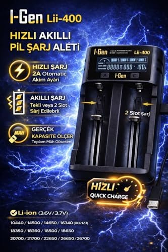 I-Gen Batteries Lii-400 Akıllı Li-ion Pil Şarj Cihazı, Type-C Girişli, LCD Ekranlı, 2 Slot Şarj, Li-ion & Ni-MH Uyumlu (18650/21700 / AA/AAA) - Görsel 3
