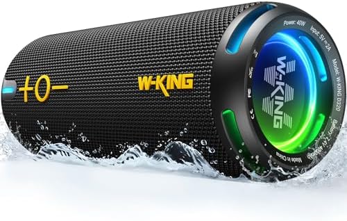 W-KING Bluetooth Hoparlörler - IP67 Su Geçirmez Dış Mekan Taşınabilir Kablosuz Hoparlör, 40W HD 360° Işıklı Stereo Surround Ses, Özel EQ ve Derin Bas/V5.3/DSP/24H/TF/AUX, Toz Geçirmez, Duş, Kamp için