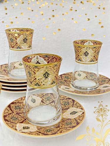 Heybeli Altın Bordo Desenli Cam Porselen Çay Seti 6 Kişilik Tea Set For 6 Persons Premium Porcelain - Görsel 3