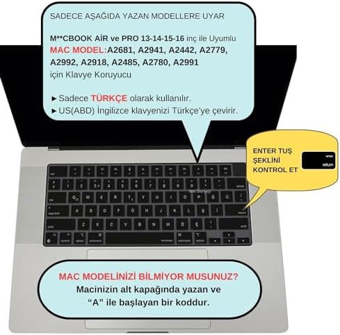MacBook Türkçe Q Klavye Koruyucu US Amerikan Return Enter Uyumlu M1-M5 | A2681 A3113 A3240 A3449 A2941 A3241 A2442 A2779 A3426 A3434 A2485 A3429 | Silikon Keyboard Cover Touch ID Siyah - Görsel 3