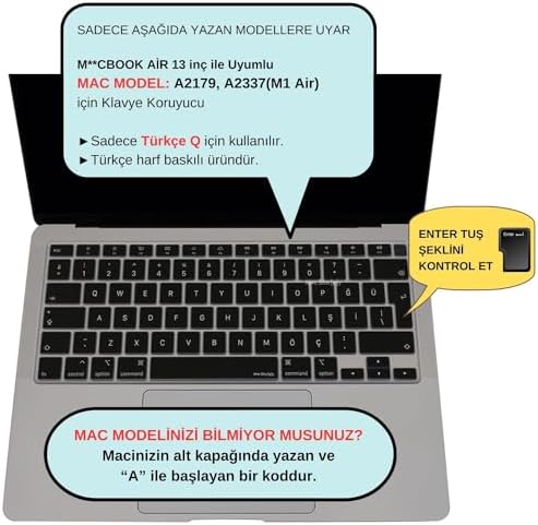Türkçe Q Klavye Koruyucu MacBook Air 13 A1932 A2179 A2337 M1 Uyumlu | UK ISO Ters L Enter | Ultra İnce Silikon Keyboard Cover Siyah - Görsel 3
