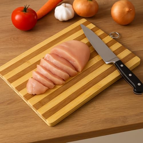 Bambu Kesme Tahtası – 26x36 cm Metal Kulplu Doğal Ahşap Kesim Panosu, Sebze ve Et Kesme Tahtası, Çizilmez, Hijyenik ve Dayanıklı - Görsel 2
