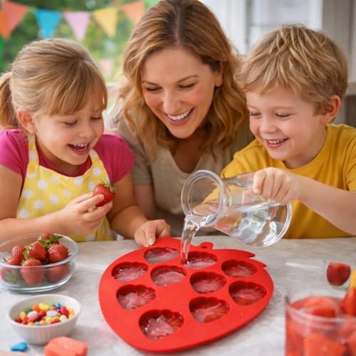 Silikon Çilek Şekilli Buz Kalıbı, Kırmızı, 10 Gözlü, Pasta ve İçecekler için - Görsel 3