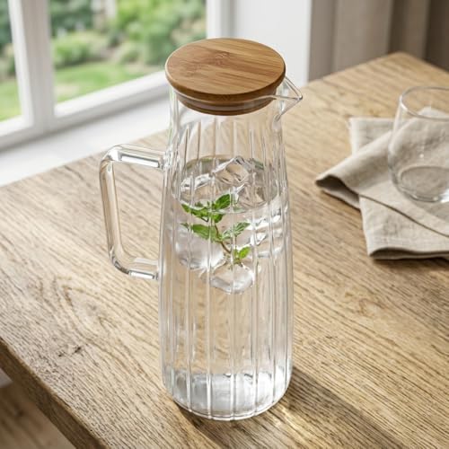 Bambu Kapaklı Borosilikat Cam Yağdanlık ve Sürahi | 1000ml (11x26cm) Çok Amaçlı İçecek ve Sıvı Gıda Saklama