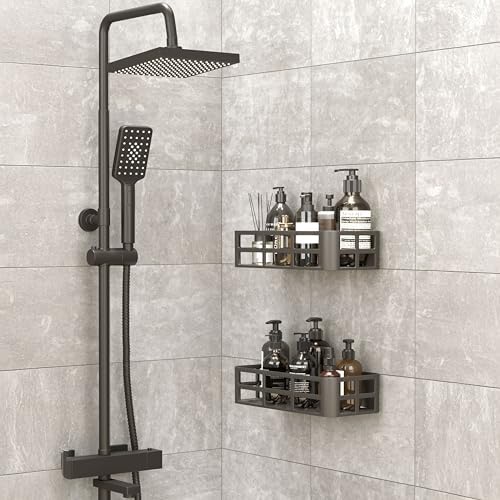2'li Set Siyah Yapışkanlı Banyo Duş Rafı - 27x12 cm Matkapsız Montaj Şampuanlık ve Mutfak Baharatlık Organizeri