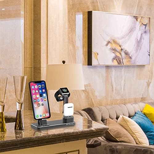 3'ü 1 Arada iPhone & Apple Watch & AirPods Şarj Standı Uyumlu– Metal Çoklu Şarj İstasyonu, 20 W Adaptörlü Hızlı Şarj, 2 m Lightning/USB‑C Kablo, Masaüstü Telefon Standı Siyah