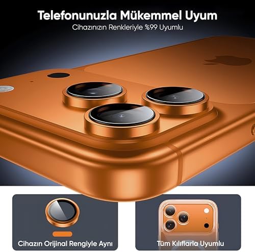 iPhone 17 Pro-17 Pro Max ile Uyumlu Alüminyum Alaşım Çerçeveli ve 9H Sertliğinde Temperli Camlı Lens Koruyucu (Kozmik Turuncu, Lens Glass) - Görsel 2