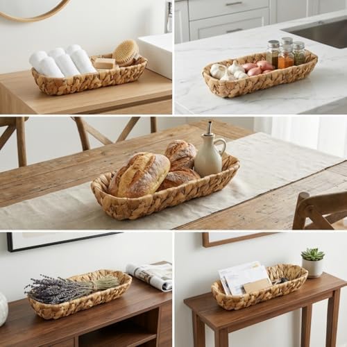 Hasır Oval Ekmek Sepeti ve Çok Amaçlı Düzenleyici, 28x6 cm Doğal Örme Sunum Tabağı, İnce Uzun Baget Ekmeklik, Çatal Kaşık ve Banyo Makyaj Organizeri - Görsel 3