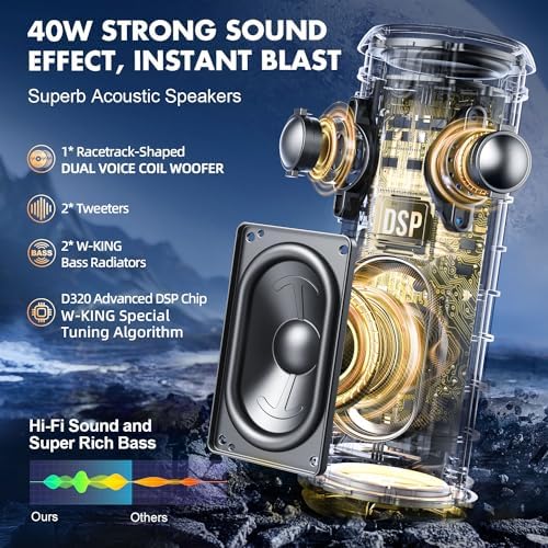 W-KING D320 Bluetooth Hoparlör, 40W 360° Surround Boombox, 24 Saate Varan Çalma Süresi, IP67, Kablosuz Stereo TWS, Powerbank/TF/Aux/Bluetooth5.3, Ses Bombası - Görsel 3